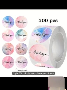 Watercolor 'Thank You' Round Sticker 500 Count Roll Pastel Multicolor New